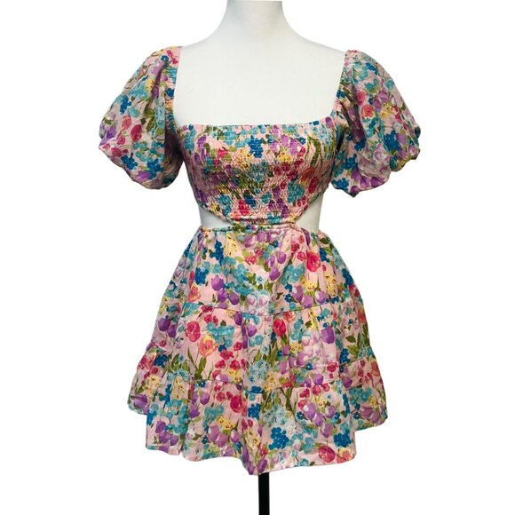 Sky To The Moon Cutout Floral Mini Dress Flare Puff Sleeve Smocked Open Back - Picture 4 of 12